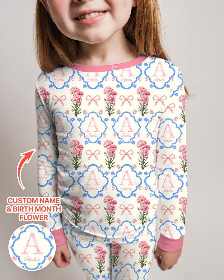 Personalized Birth Flower Mommy And Me Matching Bamboo Two Piece Long Sleeve Pajama Set