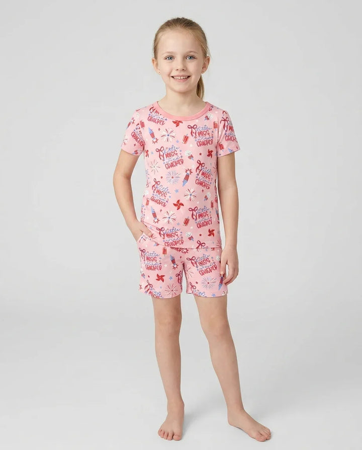 Little Miss Firecracker 4th July Bamboo Two Piece Short Sleeve Shorts Pajama Set