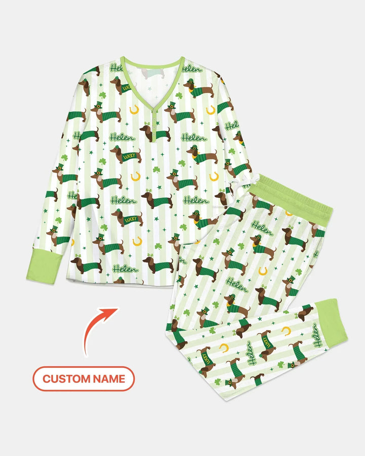 Glückliche Dackel St. Patrick's Day Familie passender Schlafanzug aus Bambus für Damen