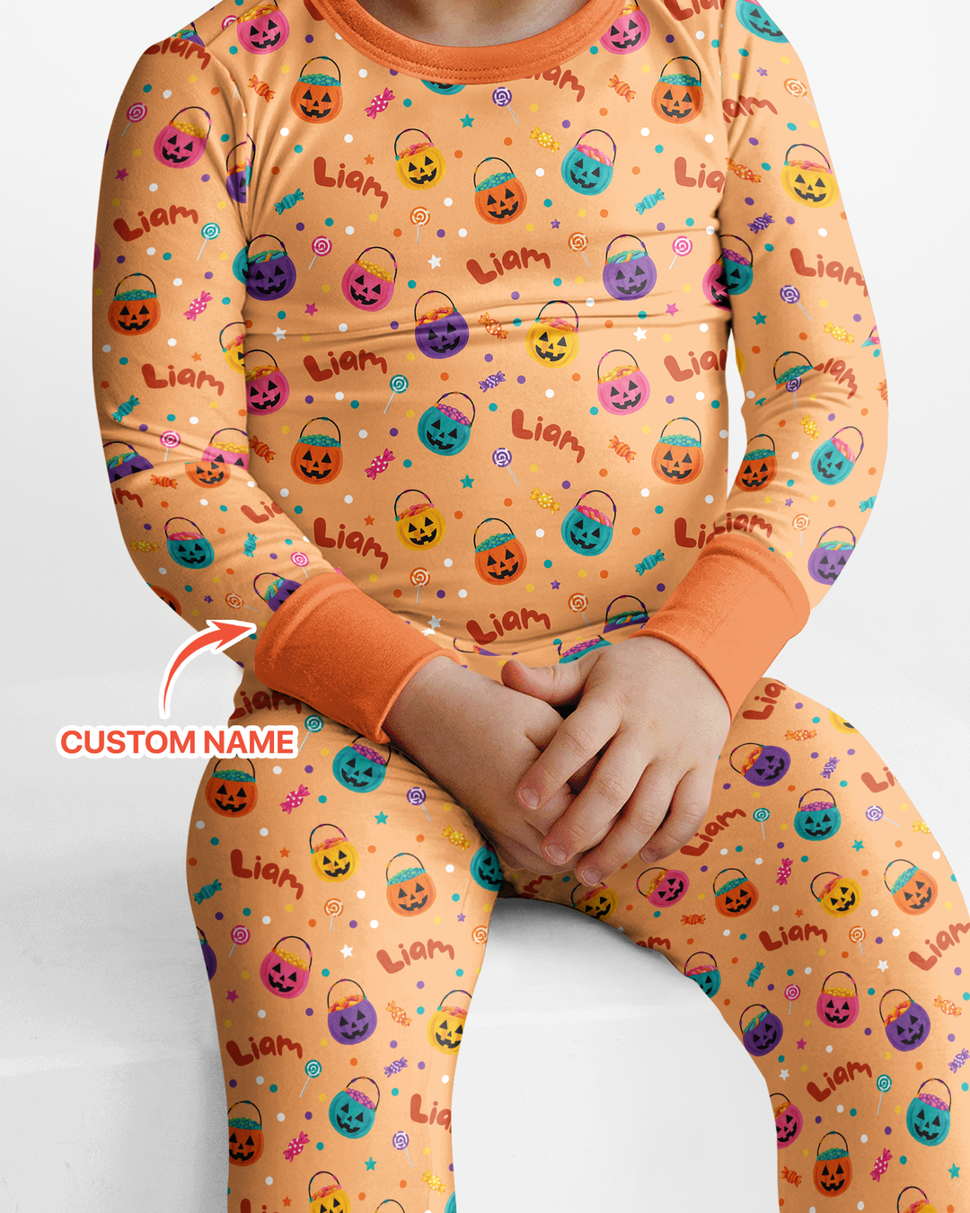 Custom Colorful Trick Or Treat Halloween Candy Bag Bamboo Two Piece Long Sleeve Pajama Set