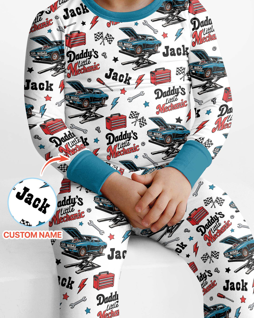 Custom Name Daddy's Little Mechanic Bamboo Two Piece Long Sleeve Pajama Set