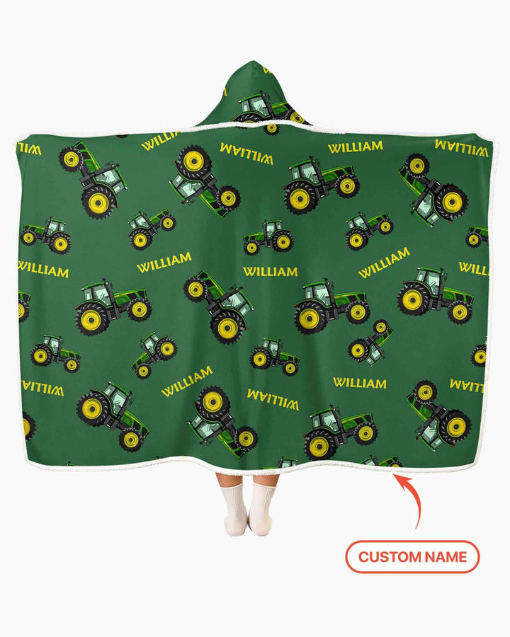 Custom Name Green Tractors Matching Daddy & Me Bamboo Wearable Hooded Blanket