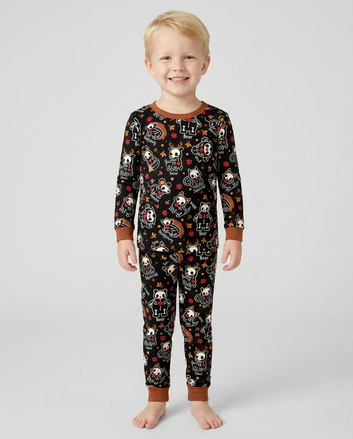Kawaii Skeleton Woodland Animals Bamboo Two Piece Long Sleeve Pajama Set