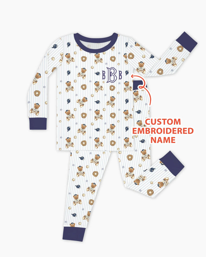 Personalized Embroidered Teddy Bear Baseball Baby Bamboo Two Piece Long Sleeve Pajama Set