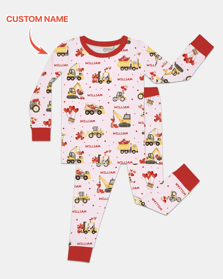 Custom Name Valentine Trucks Family Matching Bamboo Two Piece Long Sleeve Pajama Set