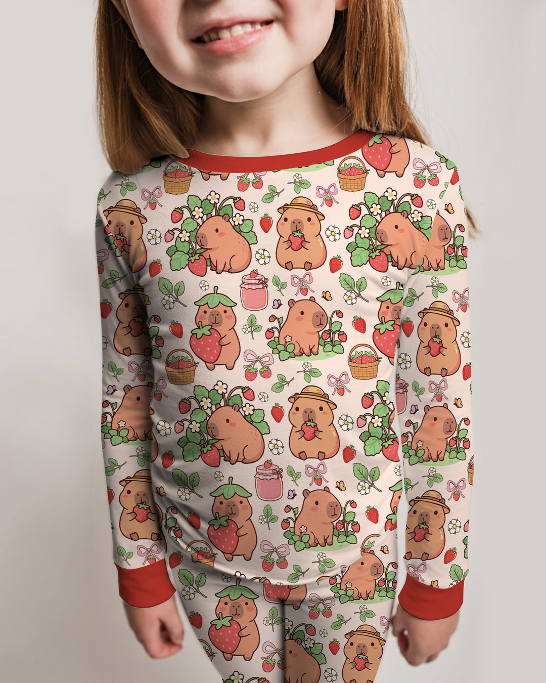 Capybara Strawberry Bamboo Two Piece Long Sleeve Pajama Set