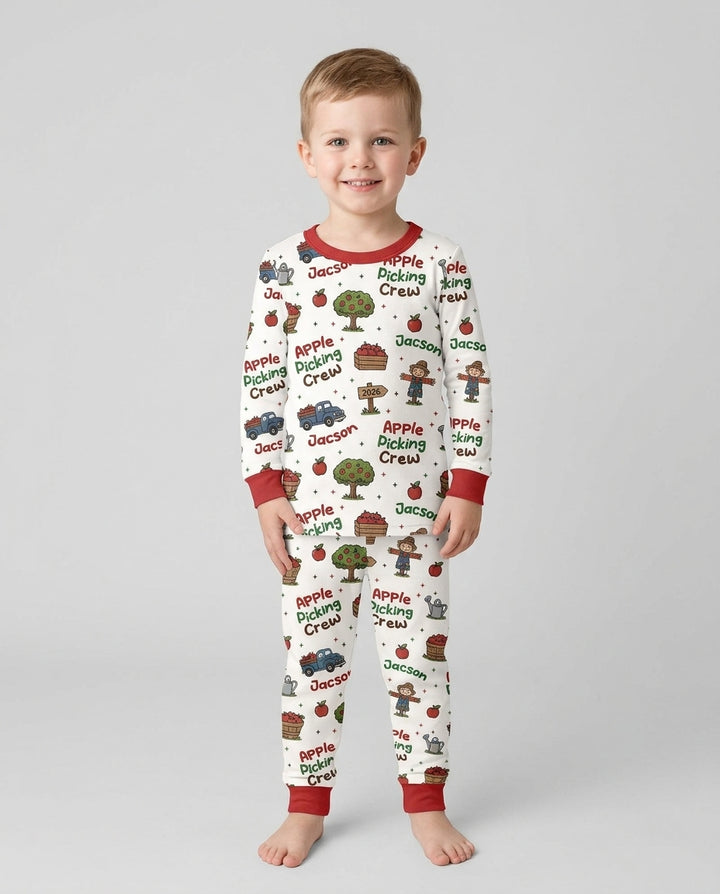 Custom Name Apple Picking Crew Bamboo Two Piece Long Sleeve Pajama Set
