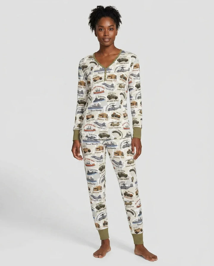 Schlafanzugset aus Bambus für Damen mit passendem Militärfamilien-Motiv „Little Hero“