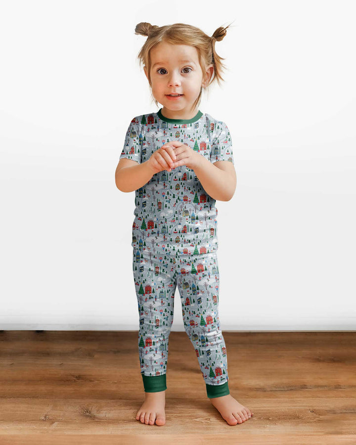 Snowy Christmas Village Map Bamboo Two Piece Short Sleeve Pajama Set