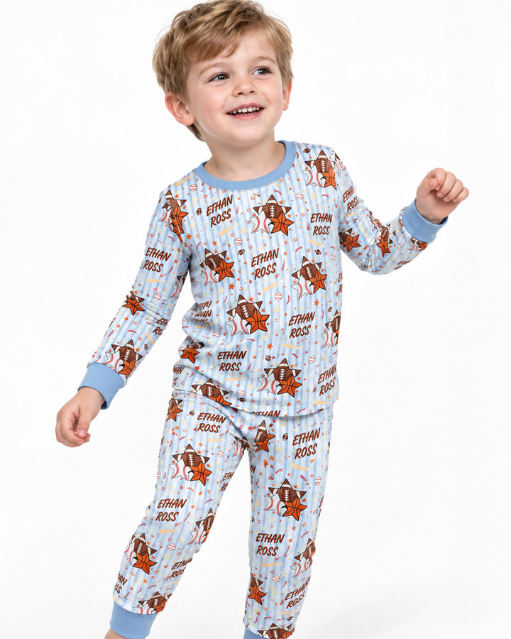 Sport Balls Custom Name Bamboo Two Piece Long Sleeve Pajama Set