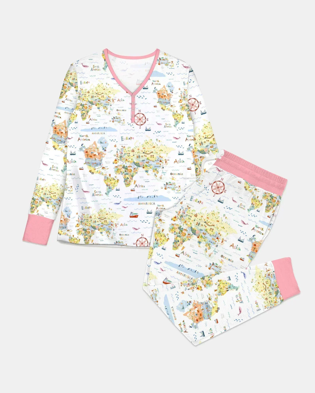 Pyjama-Set für Damen aus Bambus mit passendem Familienmotiv und verspielter Weltkarte