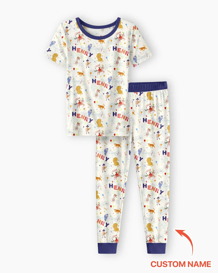 Custom Name Circus Toile Bamboo Two Piece Short Sleeve Pajama Set