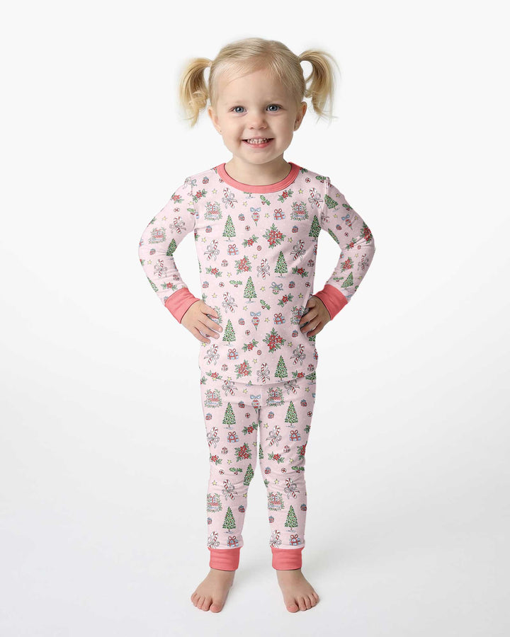 Watercolor Pink Christmas Holidays Christmas Tree Gifts Candy Cane Bamboo Two Piece Long Sleeve Pajama Set