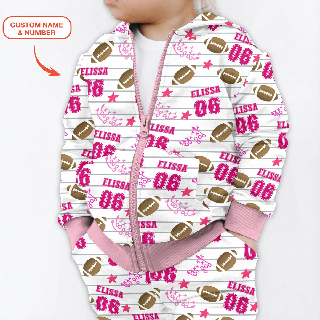 Personalisierter Name Fußball-Zeit Pink Bambus Kapuzenpullover mit Reißverschluss