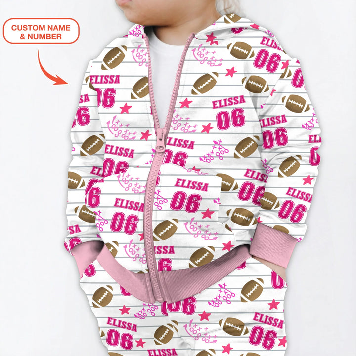 Personalisierter Name Fußball-Zeit Pink Bambus Kapuzenpullover mit Reißverschluss