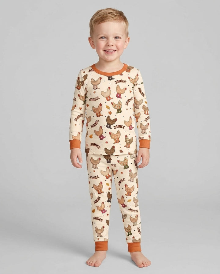 Custom Name Preppy Fall Chicken Bamboo Two Piece Long Sleeve Pajama Set