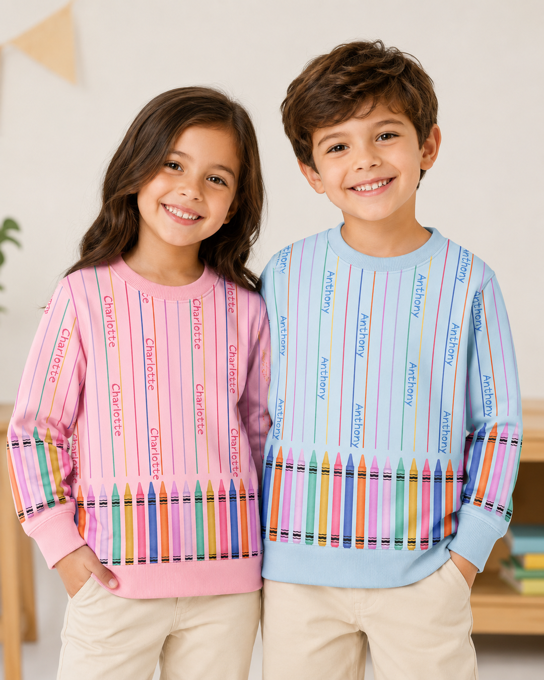 Custom Name Crayon Lines Bamboo Crewneck Sweatshirt