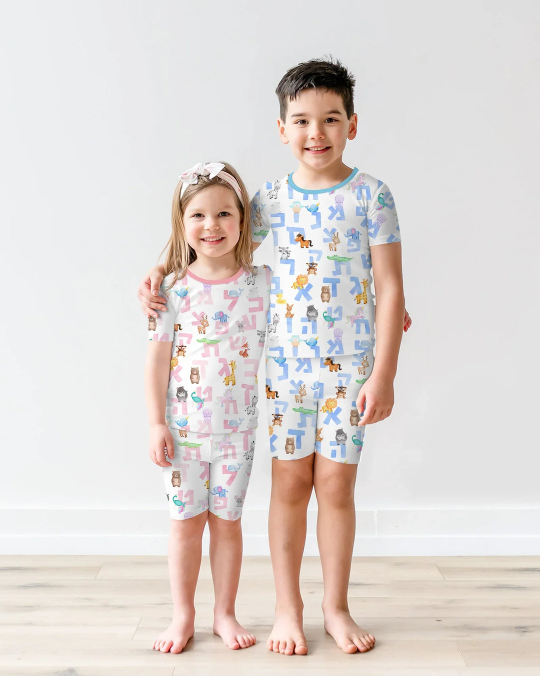 Hebrew Animal Alphabet Bamboo Two Piece Short Sleeve Shorts Pajama Set
