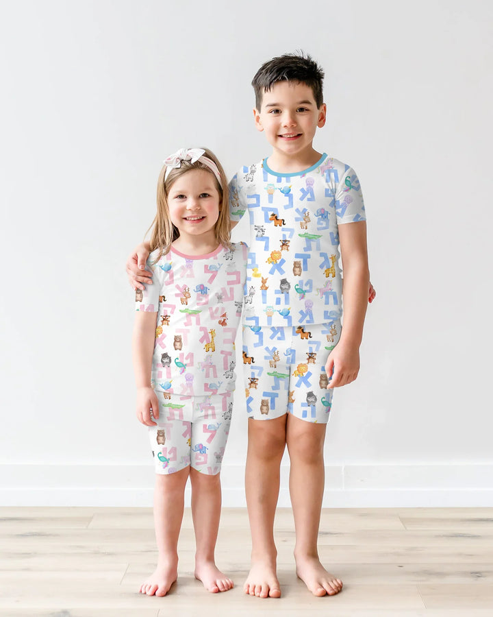 Hebrew Animal Alphabet Bamboo Two Piece Short Sleeve Shorts Pajama Set