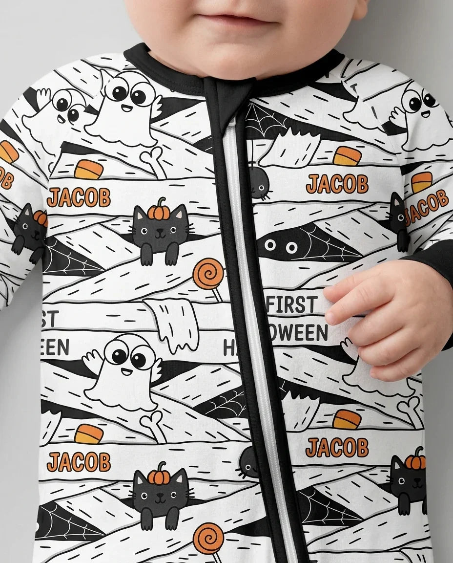 Custom Name Doodle Ghost My First Halloween Bamboo Convertible Zippy