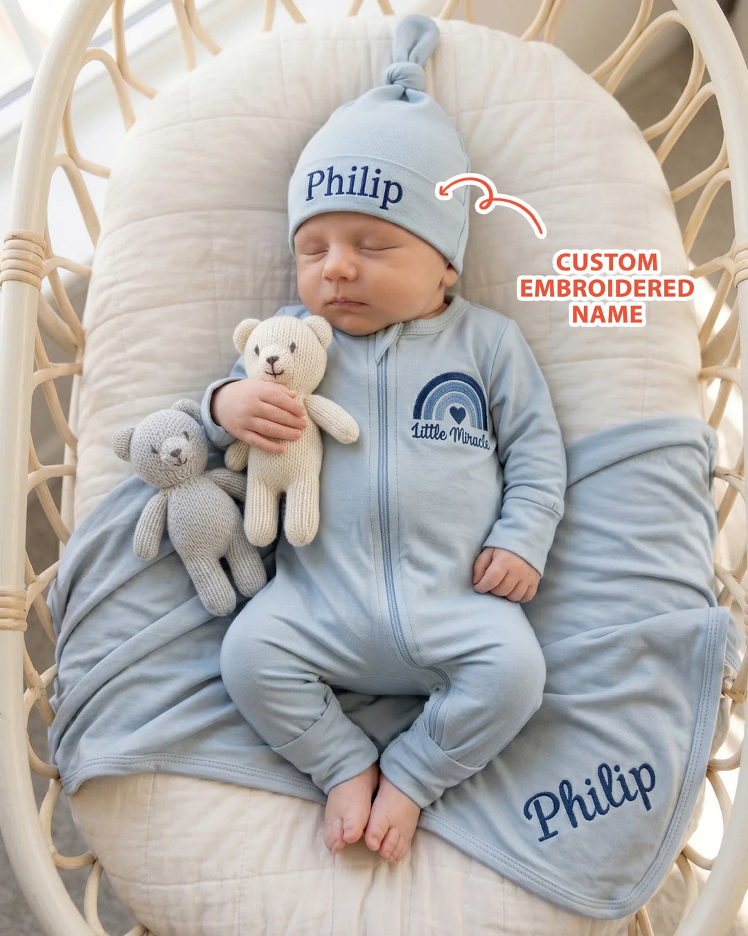 Personalized Little Miracle Blue Embroidered Bamboo Convertible Zippy