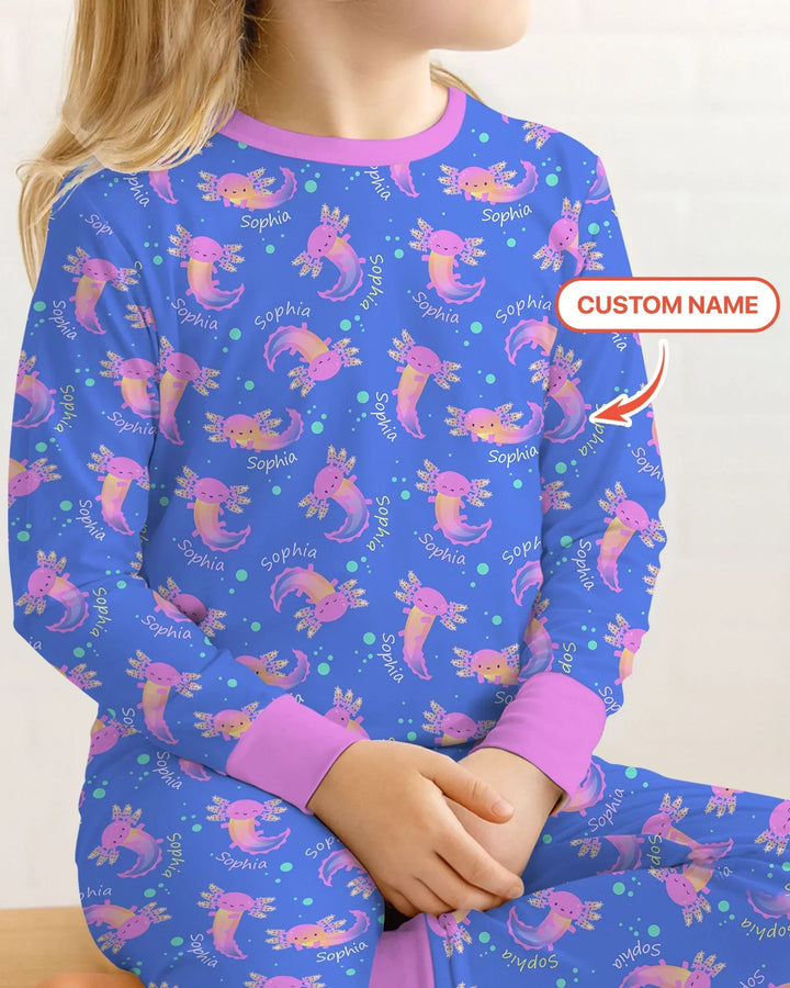 Axolotl Glow Custom Name Bamboo Two Piece Long Sleeve Pajama Set