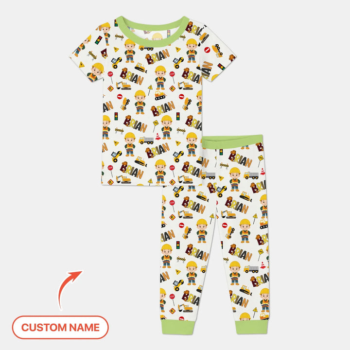 Custom Name Doodle Little Builder Bamboo Two Piece Short Sleeve Pajama Set