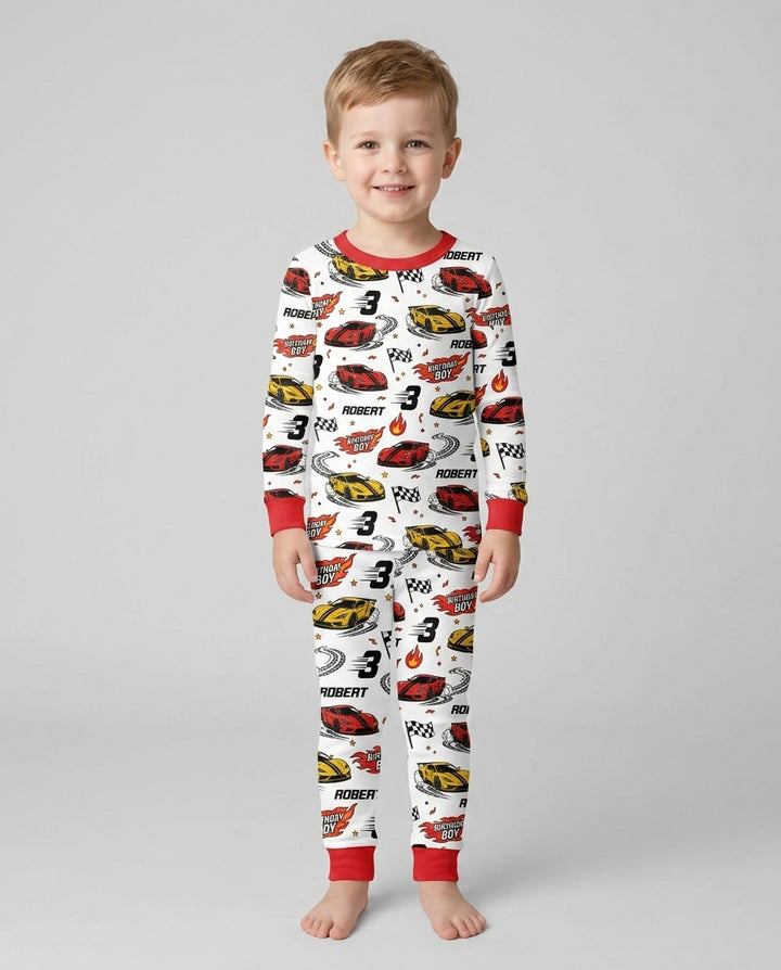 Personalized Racing Car Birthday Boy Bamboo Two Piece Long Sleeve Pajama Set