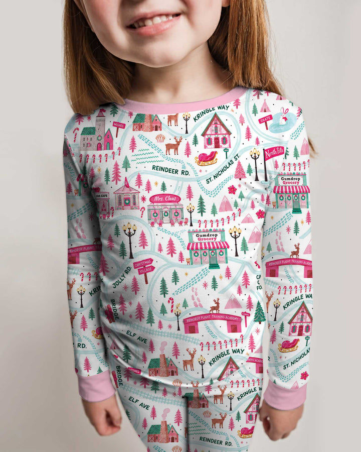 Whimsical North Pole Map Bamboo Two Piece Long Sleeve Pajama Set
