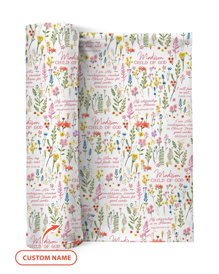 Personalisierte Babydecke "Kind Gottes" mit Blumengartenmuster