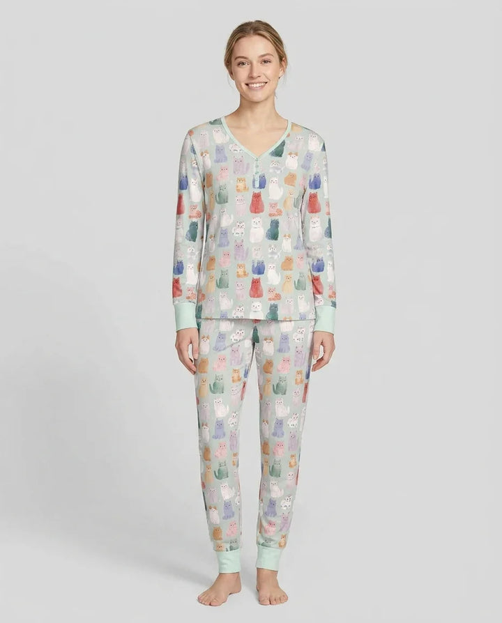 Verzaubertes glückliches Kätzchen-Familien-Partnerlook-Bambus-Damen-Pyjama-Set