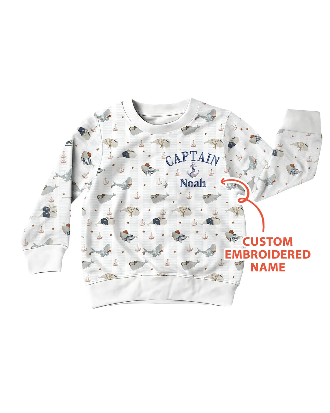 Benutzerdefinierter bestickter Name – Kleiner Kapitän der Walfänger-Crew Bambus-Crewneck-Sweatshirt