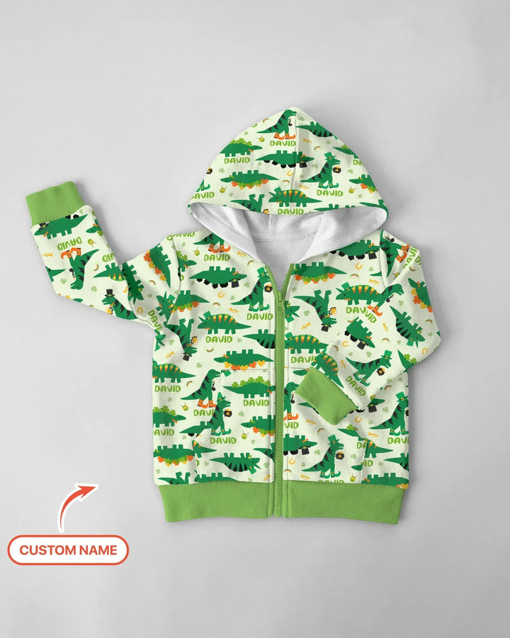St. Patrick's Day Dinosaurier Benutzerdefinierter Bambus-Kapuzenpullover mit Reißverschluss