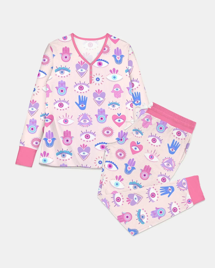 Hamsa Herz Wächter Familien-Pyjama-Set aus Bambus für Damen