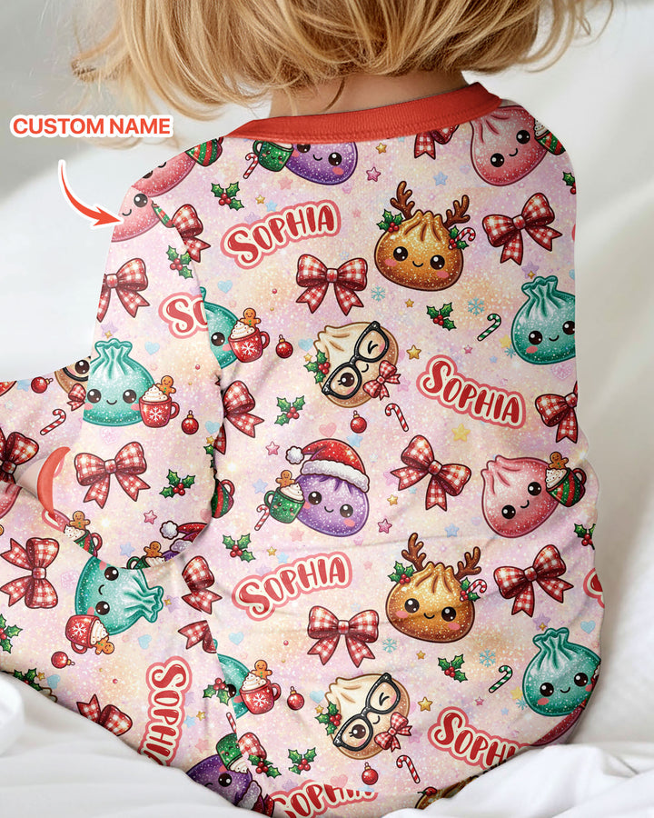 Custom Name Merry Christmas Dumpling Bamboo Two Piece Long Sleeve Pajama Set
