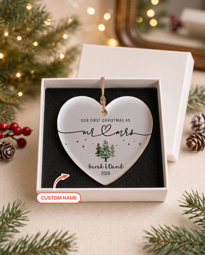 Custom Name First Christmas Mr & Mrs Heart-shaped Ceramic Ornament