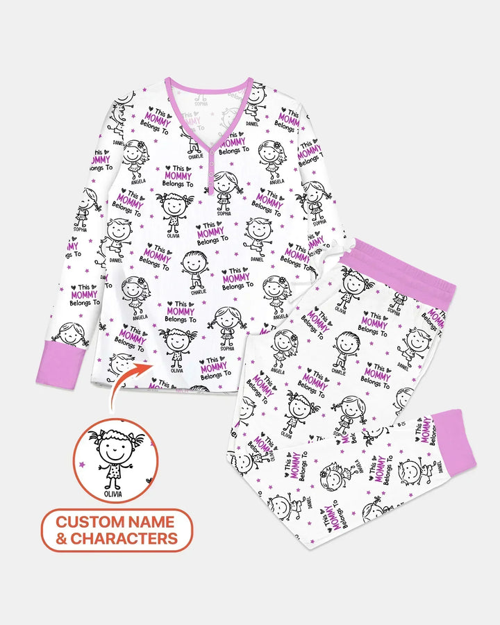 Personalisierter Name „Diese Mama gehört zu“ Doodle Bambus Damen Pyjama-Set