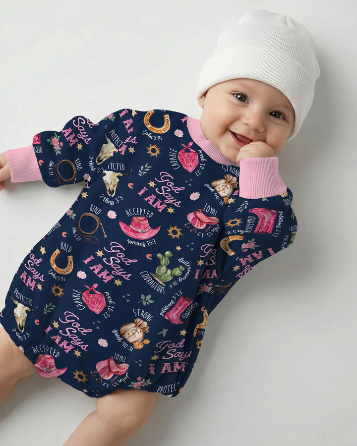 God Says I Am Western Faith Bamboo Bubble Romper