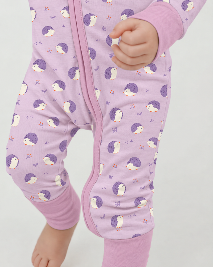 Lavender Hedgehog Meadow Bamboo Convertible Zipper Romper