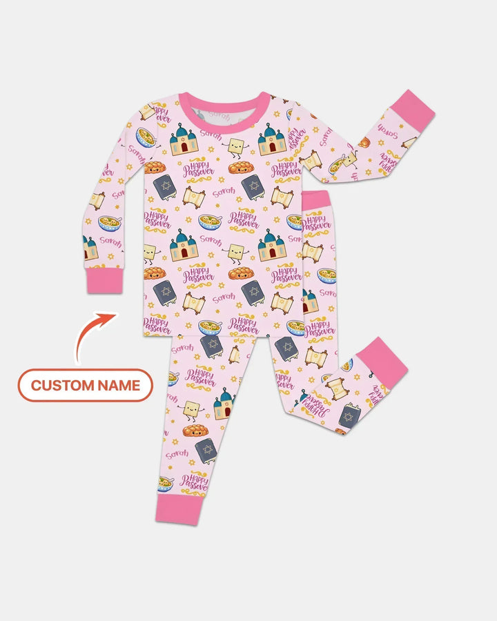 Custom name "Pesach Sameach" Bamboo Two Piece Long Sleeve Pajama Set