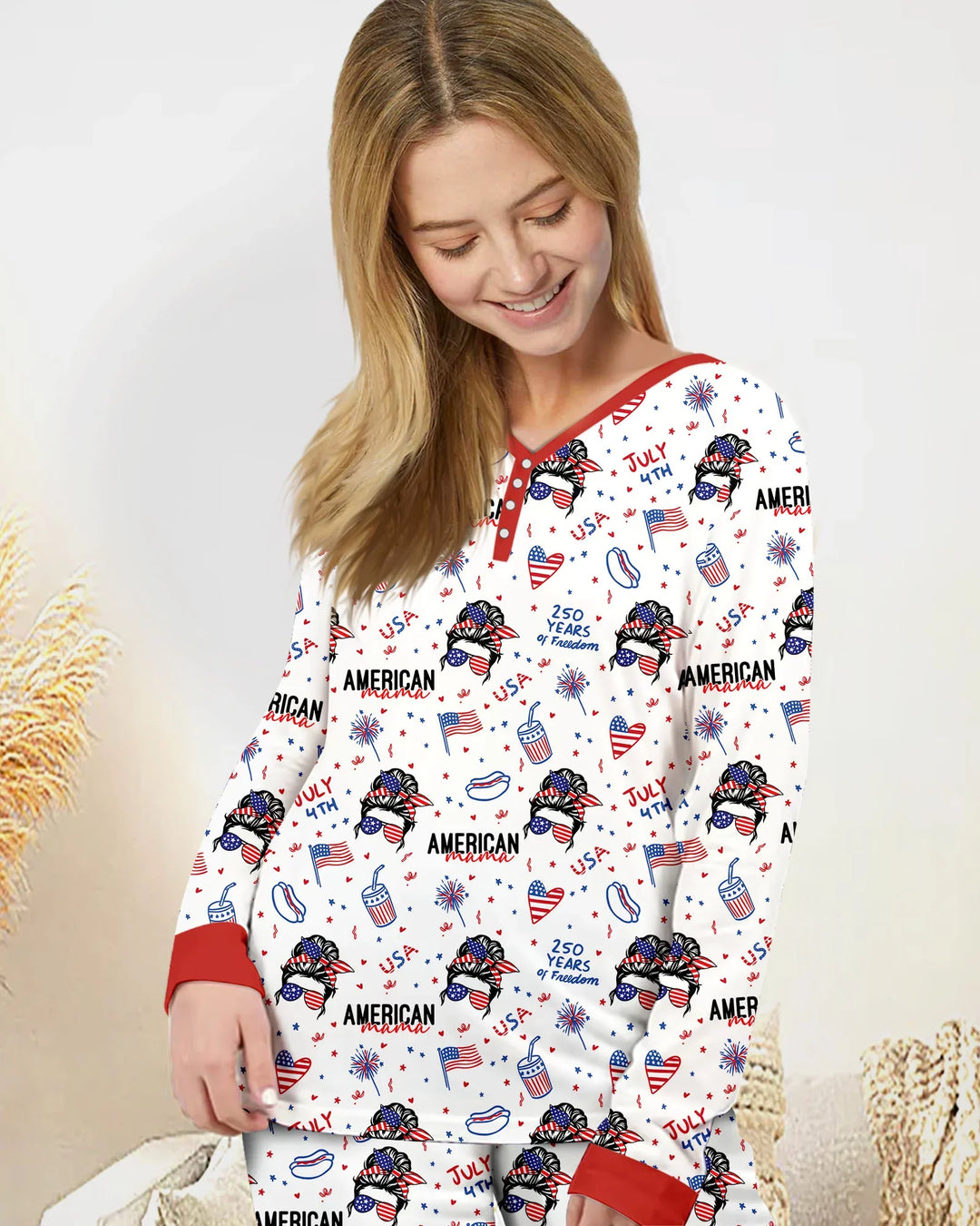 Doodle American Flag Gläser Familie Passender Bambus Damen Schlafanzug-Set