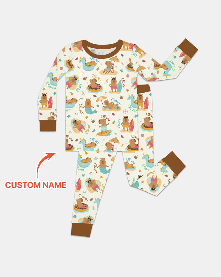 Don't Worry, Be Capy Custom Name Bamboo Two Piece Long Sleeve Pajama Set