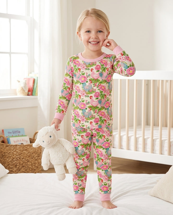 Chicken and Peony Mommy And Me Matching Bamboo Two Piece Long Sleeve Pajama Set