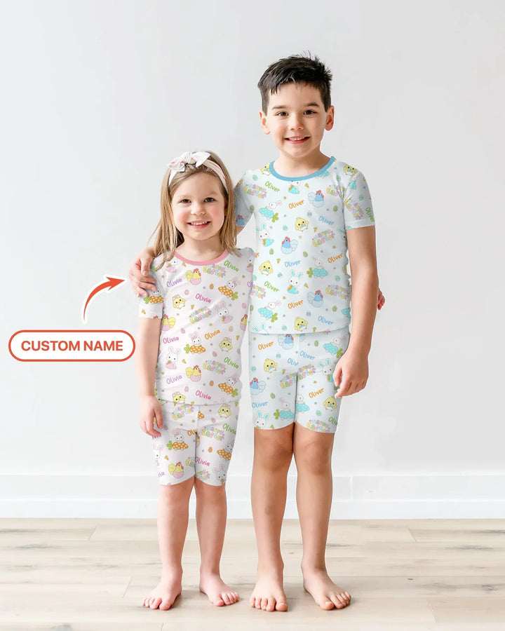 Custom name Happy Easter Bamboo Two Piece Short Sleeve Shorts Pajama Set