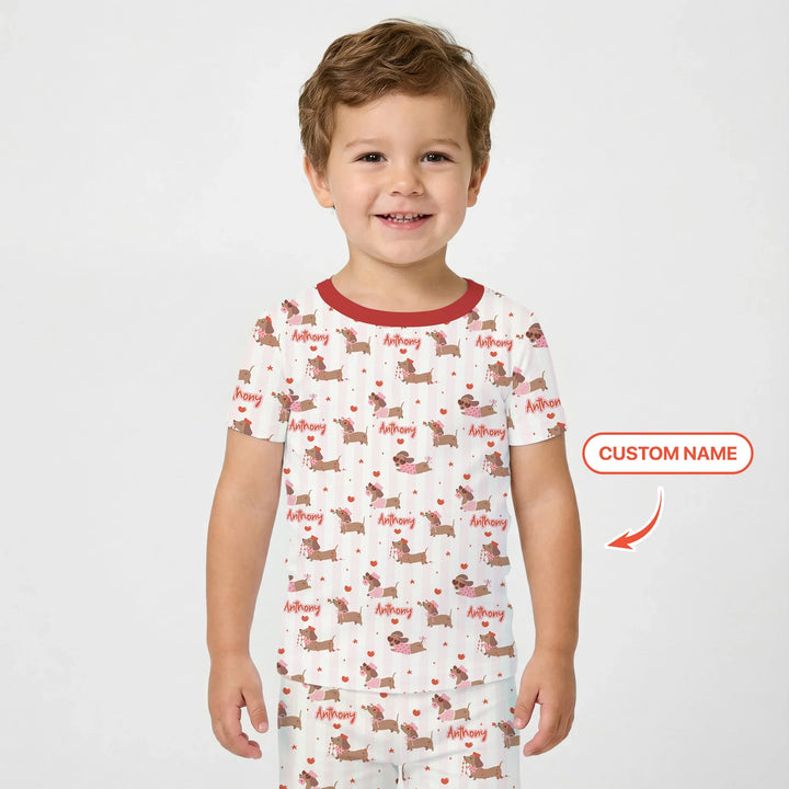 Custom Name Valentine Dachshund Family Matching Bamboo Two Piece Short Sleeve Pajama Set