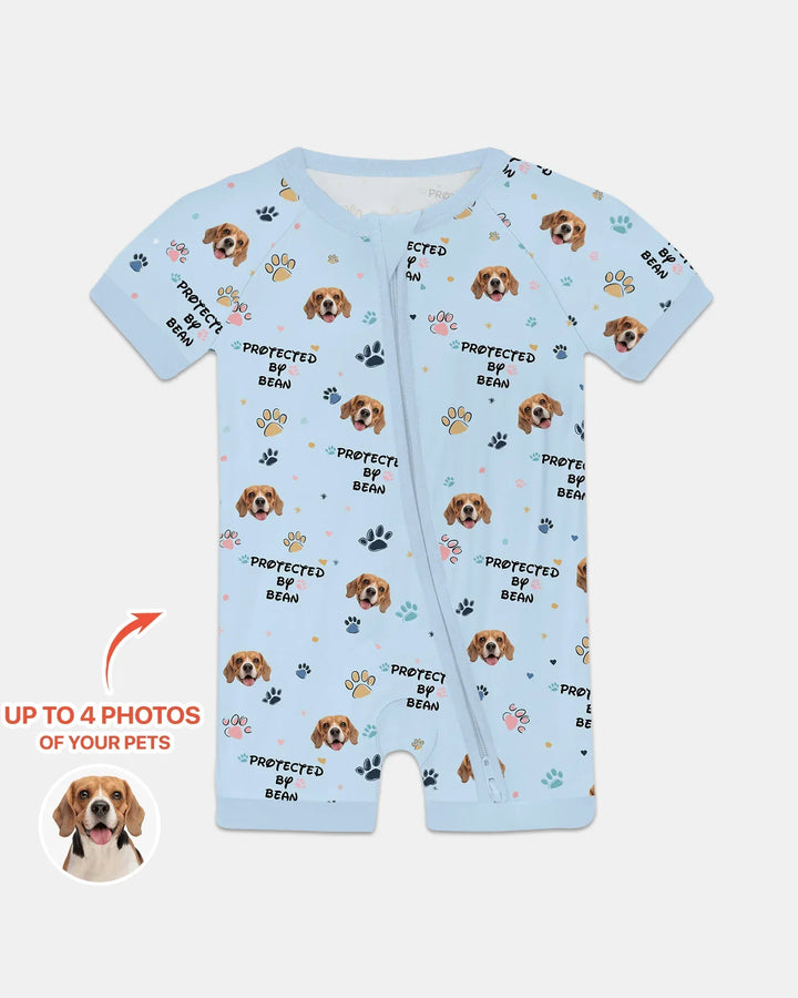 Custom Dog Photo Pattern "Protected By" Bamboo Shorty Zippered Romper