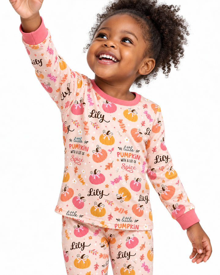 Custom Name Little Pumpkin With A Lot Of Spice Bamboo Two Piece Long Sleeve Pajama Set