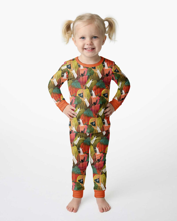 Big Pumpkin Field With Ghosts Bamboo Two Piece Long Sleeve Pajama Set