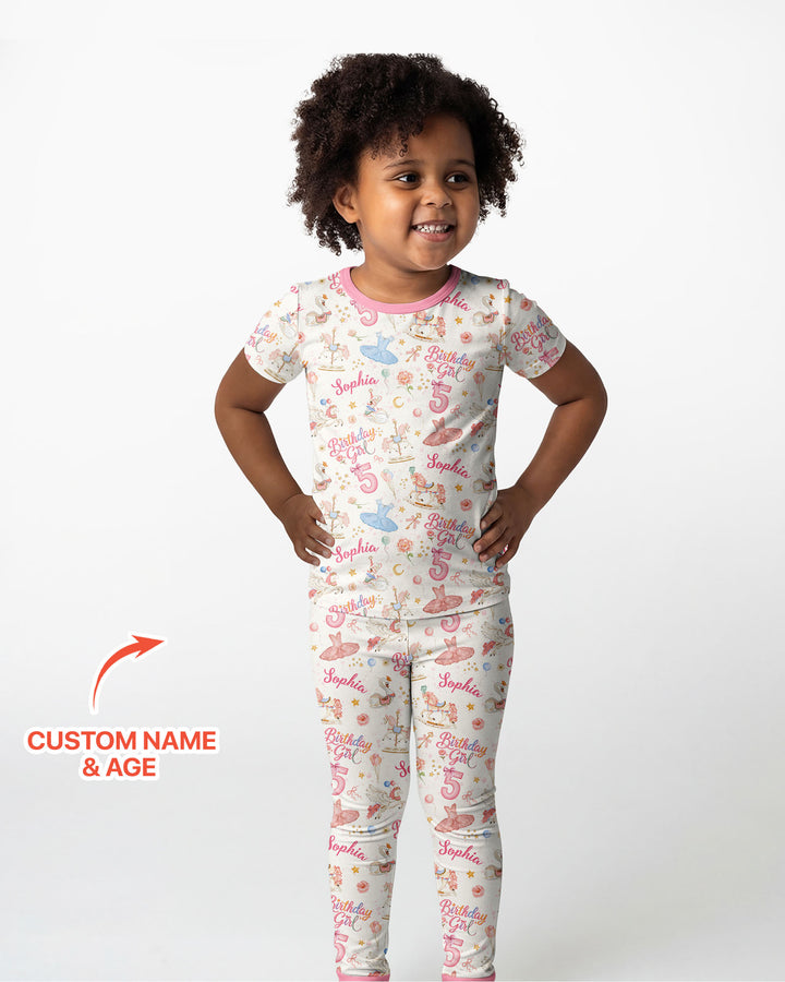 Ballerina Birthday Girl Custom Name & Age Bamboo Two Piece Short Sleeve Pajama Set