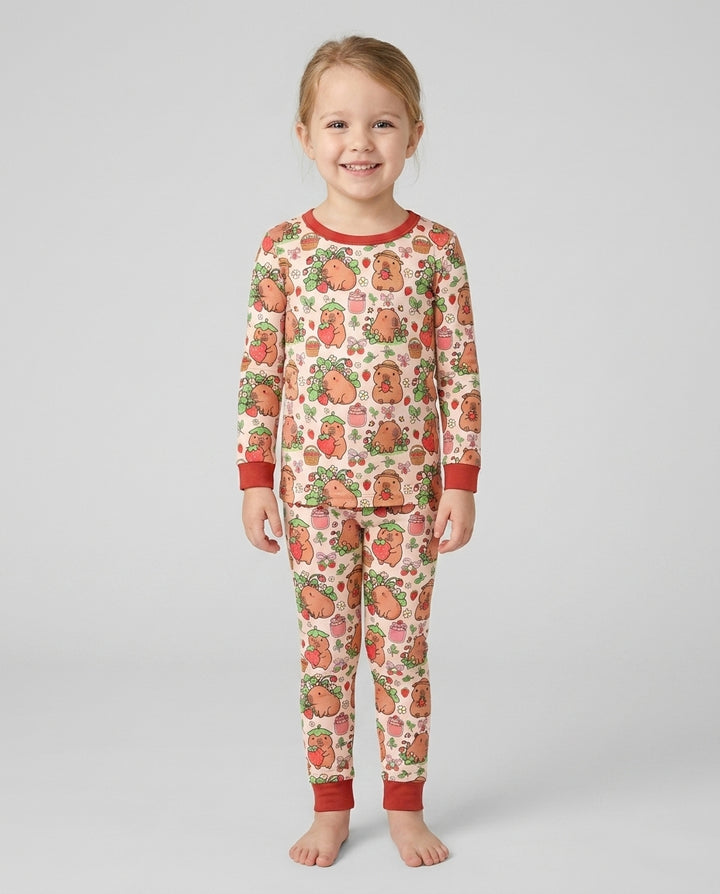 Capybara Strawberry Bamboo Two Piece Long Sleeve Pajama Set